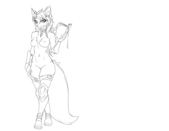 anthro areola armor biped book breasts clothed clothing facing_forward fantasy feet female female_anthro footwear genitals grimoire hindpaw humanoid_genitalia humanoid_vulva innie_vulva jewelry magic_user necklace nipples nude paws royalty sandals shoes topless vulva snowiefeather canid canine canis mammal wolf line_art monochrome unfinished