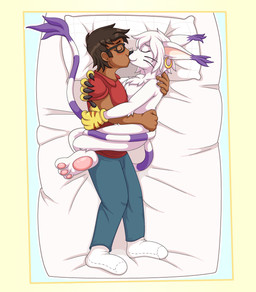 3_toes 4_fingers anthro bed bedroom_eyes black_eyewear black_glasses black_hair black_whiskers blue_bottomwear blue_clothing blue_eyes blue_pants bottomwear brown_eyes clothing dipstick_tail eyewear feet female fingers footwear forward_kissing fur furniture glasses gloves gold_ear_ring hair handwear hug human_on_anthro_romance kissing long_tail male markings muscular muscular_thighs narrowed_eyes pants paw_gloves pawpads pillow pink_pawpads prehensile_tail purple_stripes purple_tail_tip purple_tail_tuft red_clothing red_footwear red_socks seductive short_stack smile socks striped_markings striped_tail stripes tail tail_coil tail_hug tail_hugging_partner tail_markings tail_tuft toes tuft whiskers white_body white_clothing white_footwear white_fur white_hair white_socks yellow_clothing yellow_gloves yellow_handwear phyrexianrevoker bandai_namco digimon the_succubus_hunt champion_(the_succubus_hunt) meri_(gatomon_form) meri_(the_succubus_hunt) digimon_(species) domestic_cat felid feline felis gatomon human mammal absurd_res hi_res