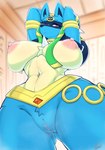 anthro areola big_breasts blue_body blue_fur bodily_fluids breasts exposure_variation female fur genital_fluids genitals holowear_(pokemon) nipples pink_areola pink_nipples pussy solo thick_thighs vaginal_fluids vixie00 nintendo pokemon pokemon_unite ruins_style_lucario generation_4_pokemon lucario pokemon_(species) absurd_res hi_res