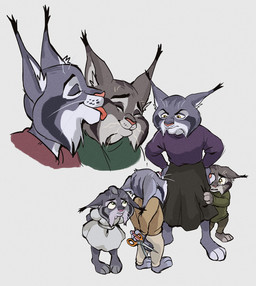aged_down angry antagonist anthro barefoot biped bottomwear childhood closed_smile clothed clothed_anthro clothed_female clothed_male clothing countershade_face countershading dipstick_ears disobedient dress ear_markings ear_tuft embarrassed eyes_closed face_lick facial_markings feet female female_anthro fingerless_(marking) fully_clothed fully_clothed_anthro fully_clothed_female fully_clothed_male green_clothing green_topwear group hands_on_hips head_markings holding_object holding_scissors iris licking licking_another male male_anthro markings mouth_closed multicolored_ears pink_nose pivoted_ears plantigrade pupils scissors shy simple_background skirt smile snout standing striped_face stripes tail toeless_(marking) tongue topwear tuft whisker_spots whiskers white_background white_whiskers young tuherrus disney zootopia cattrick_lynxley fan_character kitty_lynxley pawbert_lynxley canada_lynx felid feline lynx mammal brother_(lore) mother_(lore) parent_(lore) sibling_(lore) sister_(lore)