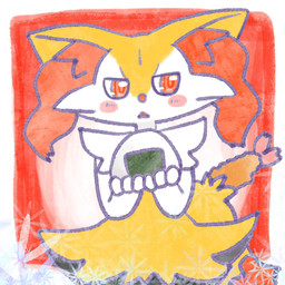 ambiguous_anthro ambiguous_gender anthro biped blush blush_stickers border dipstick_tail ears_down food front_view holding_food holding_object looking_away markings object_in_tail onigiri open_mouth pivoted_ears rice shrimp_(food) simple_background solo standing tail tail_markings triangle_mouth white_border annyui0611 nintendo pokemon braixen canid generation_6_pokemon mammal pokemon_(species) 1:1 2024 digital_drawing_(artwork) digital_media_(artwork) half-length_portrait hi_res japanese_description portrait translated_description