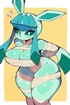 anthro big_breasts blush breast_squish breasts cleavage clothed clothing female frown hands_behind_back mummy_wrappings pupils simple_background solo squish teal_sclera thick_thighs thigh_squish white_pupils yellow_background niibun nintendo pokemon eeveelution generation_4_pokemon glaceon pokemon_(species) 2:3 hi_res