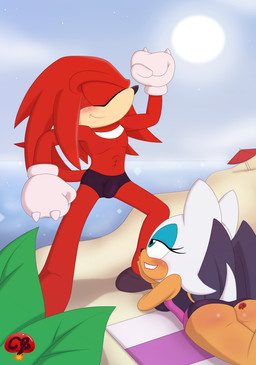 abs anthro aroused aroused_face aroused_female aroused_smile athletic athletic_anthro athletic_male beach bite biting_lip biting_own_lip blue_eyeshadow blush breasts bulge butt clothing eyelashes eyes_closed eyeshadow female fingers flexing flexing_bicep footwear fur gloves hair half-closed_eyes handwear long_eyelashes looking_at_bulge lying makeup male membrane_(anatomy) membranous_wings narrowed_eyes on_front one-piece_swimsuit outside sand seaside self_bite simple_background sky smile solo speedo standing swimwear tail teeth water wings ladycherrybomba sega sonic_the_hedgehog_(series) knuckles_the_echidna rouge_the_bat bat echidna mammal monotreme absurd_res digital_media_(artwork) hi_res