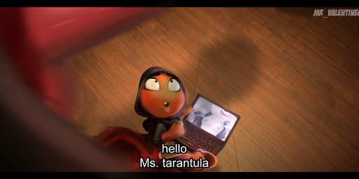 anthro big_penis clothed clothing computer duo electronics female genitals greeting laptop looking_at_another looking_up male penis text mr_valentine00 dreamworks illumination_entertainment sing_(movie) the_bad_guys mr._wolf_(the_bad_guys) ms._tarantula_(the_bad_guys) porsha_crystal arachnid arthropod canid canine canis mammal mygalomorph spider tarantula wolf english_text hi_res