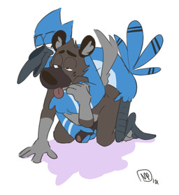 4_fingers all_fours anal anal_penetration anthro anthro_on_anthro anthro_penetrated anthro_penetrating anthro_penetrating_anthro avian_feet avian_legs beak biped black_beak black_legs blue_body blue_feathers brown_body brown_ears brown_eyebrows brown_fur brown_nose brown_penis brown_spots countershade_face countershade_feathers countershade_fur countershade_torso countershading darkened_genitalia darkened_penis duo erection eyebrows feathers feet fingers foreskin fur genitals glans gloves_(marking) grey_body grey_countershading grey_feet grey_fur grey_hands grey_inner_ear_fluff grey_tail hand_on_another's_arm hand_on_ground hand_on_partner's_arm hand_on_partner's_penis handjob handjob_while_penetrating humanoid_genitalia humanoid_hands humanoid_penis inner_ear_fluff interspecies leg_markings looking_at_another looking_at_partner looking_down looking_down_at_partner looking_pleasured male male/male male_anthro male_penetrated male_penetrating male_penetrating_male markings monotone_background narrowed_eyes nude nude_anthro nude_male open_beak open_mouth open_smile penetration penile penile_penetration penis penis_in_ass pink_glans pink_tongue reach_around scuted_legs scutes sex shadow simple_background smile smiling_at_another smiling_at_partner socks_(marking) spots spotted_body spotted_fur tail tail_feathers tongue tongue_out tuft white_background white_body white_feathers maxpany aggretsuko cartoon_network regular_show sanrio haida_(aggretsuko) mordecai_(regular_show) avian bird blue_jay corvid hyena jay_(bird) mammal new_world_jay oscine passerine spotted_hyena 2021 absurd_res crossover digital_drawing_(artwork) digital_media_(artwork) hi_res signature