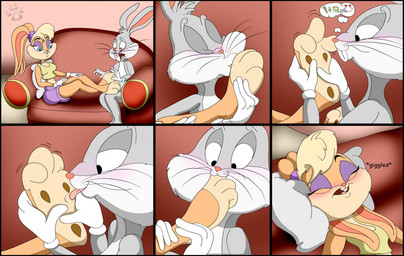 anthro barefoot blonde_hair blush clothed clothing duo eyebrows eyelashes feet female foot_fetish fur furniture grey_body grey_fur hair long_ears looking_pleasured male male/female massage nude pillow sofa soles toes whiskers white_body white_fur worship pawneddyfurry looney_tunes warner_brothers bugs_bunny lola_bunny lagomorph leporid mammal rabbit comic