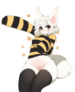 anthro black_clothing black_legwear black_thigh_highs blush body_blush bottomless breasts clothed clothing countershading ear_piercing eyelashes female flower fur genitals hair innie_vulva legwear looking_at_viewer navel oversized_sleeves pattern_clothing pattern_sweater pattern_topwear piercing pink_body pink_countershading plant raised_arm simple_background solo striped_clothing striped_sweater striped_topwear stripes sweater thigh_highs topwear vulva vulva_blush white_background white_body white_fur white_hair fredek666 billy_(fredek666) domestic_cat felid feline felis mammal digital_media_(artwork) hi_res