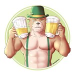 abs alcohol anthro beer beverage clothing clover_(plant) container cup glass green_eyes hat headgear headwear holidays male mug muscular plant solo suspenders uniform gaouu pongotora st._patrick's_day canid canine canis domestic_dog mammal shiba_inu spitz hi_res