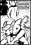 anthro black_and_white canid canine canis comic dialogue dialogue_box domestic_dog dragon duo_focus english_text fin fish group head_fin hi_res laugh male male/male mammal marine monochrome mythological_creature mythological_scalie mythology onomatopoeia qwaxi~lixard scalie shark signature silhouette sound_effects splash swimming tackle text
