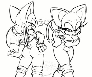 anthro big_breasts big_butt bodysuit breasts butt cleavage clothed clothing female looking_at_viewer pouting skinsuit smile solo text tight_clothing wings weirder_garrett sega sonic_the_hedgehog_(series) rouge_the_bat bat mammal absurd_res english_text hi_res