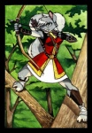 aiming anthro archer arrow_(weapon) blue_eyes bow_(weapon) female grey_hair hair holding_object holding_weapon quiver_(object) ranged_weapon ranger_(job) solo weapon tracy_j._butler ironclaw_(rpg) dierdre mammal rodent sciurid tree_squirrel 2001 traditional_media_(artwork)