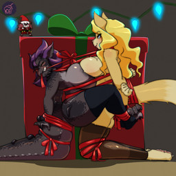 anthro arms_tied barefoot bdsm big_breasts blonde_hair blue_eyes bondage bound bow_(feature) bow_ribbon box breast_squish breasts breasts_frottage brown_body brown_fur clothing cobondage container duo feet female female/female fur gift_bow gift_box hair humanoid_on_anthro kneeling leg_bow legs_tied legwear pawpads purple_hair ribbon_bondage ribbons smile squish stockings string_lights tail cinnamimi mythology carne_asada cheese_quesadilla samantha_(cinnamimi) animal_humanoid dragon dragon_humanoid felid humanoid mammal mythological_creature mythological_scalie scalie 1:1 2022 digital_media_(artwork) hi_res