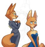 anthro blue_clothing blue_dress breasts business_suit cleavage clothed clothing dress eyebrow_piercing eyewear facial_piercing female formal_wear glasses jewelry necklace necktie pantsuit piercing simple_background solo standing strapless_clothing strapless_dress suit white_background praquina dreamworks the_bad_guys diane_foxington canid canine fox mammal 2022 hi_res signature