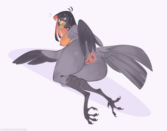 4_toes anisodactyl anthro anus avian_feet beak beak_closed big_breasts big_butt black_hair bodily_fluids breasts butt condom condom_in_mouth digitigrade feather_hands feathered_wings feathers feet female genitals hair long_hair looking_at_viewer looking_back looking_back_at_viewer mouth_closed mouth_hold multicolored_hair nipples non-mammal_breasts non-mammal_nipples non-mammal_vulva object_in_mouth presenting presenting_anus presenting_hindquarters presenting_vulva rear_view scuted_legs scutes sexual_barrier_device simple_background solo spread_anus spreading sweat tail tail_feathers thick_thighs toes two_tone_hair unused_condom vulva white_background wide_hips winged_arms wings wrapped_condom wrapped_condom_in_mouth yellow_beak xealacanth avian bird oscine passerine robin_(bird) 2026 digital_media_(artwork) watermark