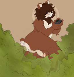 anthro anus backsack balls big_butt brown_body brown_fur brown_hair butt controller covered_eyes fart fart_cloud fart_fetish fur game_controller genitals hair male nude open_mouth penis simple_background sitting smile solo pipskunk bear mammal digital_media_(artwork) hi_res