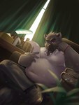 anthro belly big_belly bottomwear brown_body brown_fur clothing detailed_background fur humanoid_hands inside kemono male overweight overweight_male pants reading shirt sitting solo topwear guadr bear mammal 2023 absurd_res hi_res