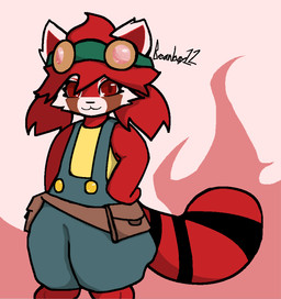 anthro backpack clothing eyewear eyewear_on_head female fur goggles goggles_on_head hair overalls overalls_only red_body red_eyes red_fur red_hair solo tail beanboy12part2 gunfire_reborn nona_(gunfire_reborn) ailurid mammal red_panda