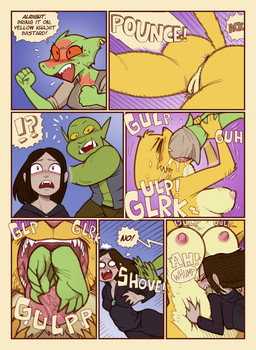 anthro belly border breasts brown_hair butt female fur genitals green_body group hair nipples nude nude_female oral_vore speech_bubble swallowing text tongue trio vore vulva yellow_body yellow_border yellow_fur shyguy9 microsoft prequel_adventure the_elder_scrolls katia_managan felid human khajiit mammal 2025 comic hi_res