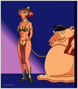 anthro big_breasts boots border bottomwear bound bra brainwashing breasts chain chain_leash chained clothed clothing collar costume duo female footwear green_border hair half-closed_eyes huge_breasts intelligence_loss leash loincloth male male/female mind_control narrowed_eyes navel open_mouth pirate red_hair shoes slave slave_leia_costume text underwear uniform vylfgor disney star_wars treasure_planet captain_amelia leia_organa alien brain_slug felid feline mammal hi_res