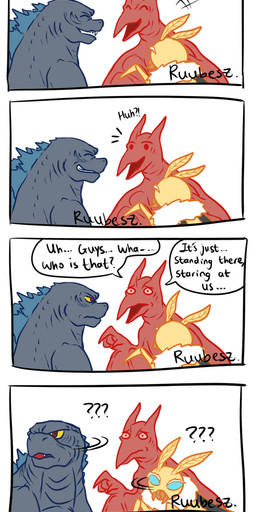ambiguous_gender close-up dialogue exclamation_point eyes_closed fangs female feral fur horn laugh male open_mouth question_mark sharp_teeth smile teeth text wings ruubeszdraws godzilla_(series) monsterverse mothra_(series) toho godzilla mothra rodan_(toho) arthropod insect kaiju lepidopteran monster moth prehistoric_species pteranodon pteranodontid pterosaur reptile scalie comic english_text hi_res