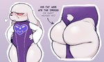 anthro big_butt blush butt cave_story clothed clothing colored cosplay digital_drawing_(artwork) digital_media_(artwork) dress hands_on_hips king_(cave_story) lagomorph long_ears long_sleeves looking_aside male mammal mimiga pelvic_curtain purple_clothing purple_dress rear_view red_eyes scar sigh simple_background solo tail text thick_thighs toriel undertale_(series) zlut385