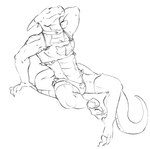 anthro claws clothing eyes_closed hand_behind_head horn lingerie male mostly_nude smile solo tail underwear wolf_silhouette zinthings draw_me_like_one_of_your_french_girls mythology xaldin dragon mythological_creature mythological_scalie scalie line_art meme monochrome