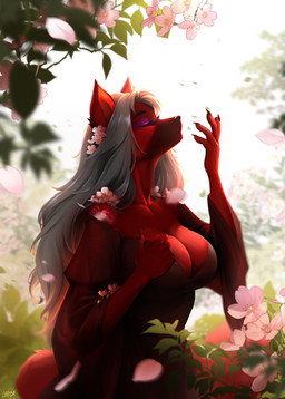 anthro biped cherry_blossom female female_anthro flower forest plant prunus_(flower) solo spring sunset tree laffisa aniara_duskweaver_(kuraio) canid canine fox mammal absurd_res hi_res