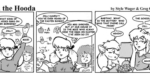anthro basket bra_strap clothed clothed_female clothed_male clothing container dialogue easter_egg female fur group hair holidays lamp male off_shoulder pigtails school shirt text topwear young young_female young_human young_male style_wager dela_the_hooda easter edith_picadelly jill_(dela_the_hooda) john_o'grady human mammal mouse murid murine rodent 2005 comic english_text greyscale monochrome