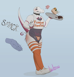 alcohol anthro beer beverage blush bodily_fluids breath bulge burger butt_slap choker claws clenched_teeth clothed clothing container crop_top cup disembodied_hand emanata eyebrows eyelashes femboy food footwear fries genital_fluids grey_background jewelry legwear male markings motion_lines navel necklace onomatopoeia plate precum precum_through_clothing precum_through_underwear shirt shoes simple_background slap socks solo sound_effects spanking tattoo teeth text text_on_clothing text_on_crop_top text_on_shirt text_on_topwear thick_thighs thigh_highs thigh_socks thong topwear underwear waiter walking wet wet_clothing wet_underwear womb_tattoo lavenderlad333 femboy_hooters hooters nintendo pokemon generation_7_pokemon pokemon_(species) salazzle 2026 english_text hi_res signature