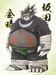 anthro asian_clothing bandage bandaged_arm bandaged_leg belly big_belly black_body clothing east_asian_clothing japanese_clothing kemono male mawashi moobs nipples overweight overweight_male solo sumo tongue tongue_out mind_drive mizuse_higomaru sengoku_puzzle kintoki_sakata bear mammal 2022 hi_res