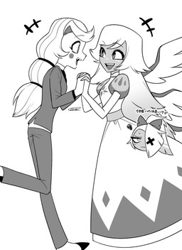 clothed clothing feathered_wings feathers female group hand_holding multi_wing simple_background text trio white_background wings enaic31 hazbin_hotel hellaverse charlie_morningstar emily_(hazbin_hotel) vaggi_(hazbin_hotel) angel angel_humanoid demon demon_humanoid humanoid seraph_(angel) absurd_res hi_res japanese_text monochrome translation_request