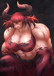 abs biceps big_muscles clothing deltoids female hair horn huge_muscles hyper hyper_muscles muscular muscular_female orange_eyes red_hair solo torn_clothing dendmy animal_humanoid bovid bovid_humanoid bovine bovine_humanoid cattle_humanoid humanoid mammal mammal_humanoid 2021 absurd_res hi_res