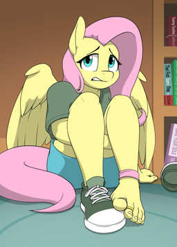 5_fingers 5_toes ankle_band anthro barefoot blue_eyes book bookshelf bottomwear clothing curled_up digit_ring feet female fingers footwear furniture hair hugging_legs jewelry looking_up nails one_shoe_on pink_hair ring rug shirt shoes shorts solo tail toe_ring toes topwear wings worried yellow_body nudeknightart friendship_is_magic hasbro my_little_pony mythology fluttershy_(mlp) equid equine mammal mythological_creature mythological_equine pegasus hi_res