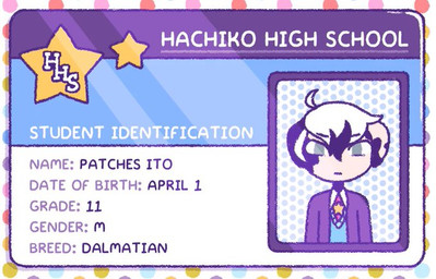 ahoge anthro clothing collared_shirt fur grey_eyes hair id_card jacket looking_at_viewer male multicolored_body multicolored_fur multicolored_hair purple_clothing purple_jacket purple_topwear shirt solo star text topwear 90percentdenny 90_percent_studios purrfect_apawcalypse patches_ito canid canine canis domestic_dog mammal english_text