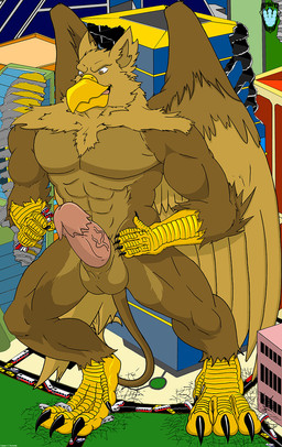 abs anthro balls beak biceps brown_body brown_fur building building_destruction city city_background city_crushing city_destruction cityscape claws crush destruction erection feathered_wings feathers feet finger_claws fingers fur genitals humanoid_genitalia humanoid_penis landscape_dwarfing macro macro_anthro male muscular muscular_anthro muscular_male nude outside paws pecs penile penis rampage smile solo stomping tail toe_claws toes vehicle vehicle_destruction vein veiny_penis wings sr71beta mythology carpo avian gryphon mythological_avian mythological_creature hi_res