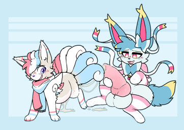after_sex animal_genitalia animal_penis balls banded_ribbon big_balls big_penis blue_body blue_ears blue_fur blue_hair blue_ribbon blue_tail blush blush_lines bodily_fluids canine_genitalia canine_penis clothing cum cum_inflation cum_inside cum_string dipstick_ears dipstick_tail duo ear_markings excessive_cum excessive_genital_fluids female feral feral_on_feral footwear fur genital_fluids genitals hair huge_balls huge_penis hyper hyper_genitalia hyper_penis inflation knot knotted_penis male male/female male_feral markings multi_tail multicolored_ears multicolored_hair open_mouth penis pink_eyes purple_eyes red_ribbon ribbons_(anatomy) scarf simple_background socks tail tail_markings tan_body tan_fur white_ribbon yellow_ear_tips yellow_ribbon yellow_tail yellow_tail_tip transtorracat nintendo pokemon aquafresh_(sylve0n) sylve0n_(user) eeveelution generation_1_pokemon generation_6_pokemon pokemon_(species) shiny_pokemon sylveon vulpix 2022 digital_drawing_(artwork) digital_media_(artwork) smaller_version_at_source