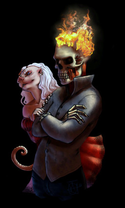 anthro black_background blue_bottomwear blue_clothing blue_eyes blue_pants bone bottomwear clothed clothing crossed_arms duo ear_piercing ear_ring exposed_muscle female fire glistening glistening_eyes grey_clothing grey_jacket grey_topwear hair jacket male pants piercing pink_body pink_skin red_clothing red_sclera red_topwear ring_piercing simple_background skeleton standing tentacles topwear unsigned white_hair himeragoldtail animated_skeleton species_request undead 2016 3:5 hi_res