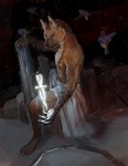 anthro black_background dagger hyper_demon male melee_weapon rock simple_background sitting solo weapon mkdouma6 jean_soren_ajiacc avian bird canid canine mammal maned_wolf absurd_res hi_res