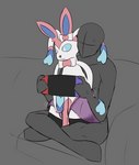 blue_eyes clothing cross-popping_vein crossed_legs duo electronics faceless_character faceless_male feral furniture game_console leg_markings legwear male markings motion_lines on_lap sitting_on_lap socks_(marking) sofa switch_console thigh_highs translucent translucent_clothing illogicaljumble nintendo nintendo_switch pokemon eeveelution generation_6_pokemon pokemon_(species) sylveon absurd_res colored_sketch hi_res sketch