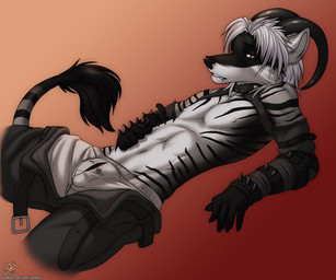 alternative_fashion anthro armor belt boots bottomwear bound boxers_(clothing) bulge clothed clothing collar detailed_bulge flaccid footwear fur gauntlets genital_outline genitals gloves goth grey_body grey_fur hair handwear harness hooves horn latex male open_bottomwear open_clothing open_pants pants penis penis_outline pose shoes shorts solo spikes stripes studs submissive submissive_male tail tail_tuft tuft underwear white_hair satsukii josey_(canid) canid canine demora mammal 6:5 digital_media_(artwork)
