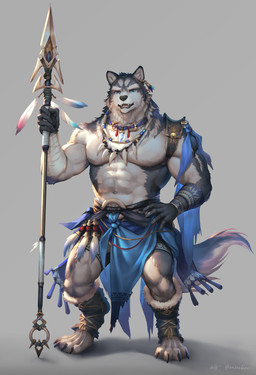 abs anthro armlet bandage bandaged_arm blue_clothing blue_eyes blue_underwear bottomwear bracelet claws clothed clothing ear_piercing ear_ring exposed_chest fabric feet footwear fur grey_background grey_body grey_fur holding_object holding_weapon jewelry loincloth male male_anthro melee_weapon muscular muscular_anthro muscular_arms muscular_legs muscular_male navel necklace open_mouth pecs piercing polearm ring_piercing scarf shorts shoulder_guards simple_background solo spear standing tail teeth_showing toe_claws tooth_necklace topless tribal underwear weapon white_body white_fur kazashino canid canine canis mammal wolf absurd_res digital_media_(artwork) hi_res signature