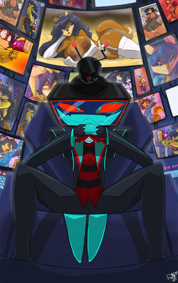 anthro big_breasts blue_hair bow_tie breasts clothing duo electronics energy_weapon female fur grin gun hair hat headgear headwear holding_gun holding_object holding_ranged_weapon holding_weapon legwear lingerie long_hair long_tail looking_at_viewer male nipples orange_body orange_fur ranged_weapon red_eyes sitting smile stockings suit tail television top_hat weapon shonuff hazbin_hotel hellaverse sly_cooper_(series) sony_corporation sony_interactive_entertainment sucker_punch_productions angel_dust carmelita_fox vox_(hazbin_hotel) animate_inanimate canid canine demon demon_humanoid fox humanoid mammal hi_res multiple_images watermark