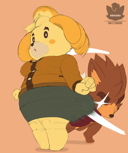 anthro bottomless bottomwear butt_slap clothed clothing female male male/female motion_blur skirt slap slightly_chubby slightly_chubby_anthro slightly_chubby_female standing renabu animal_crossing nintendo copper_(renabu) isabelle_(animal_crossing) canid canine mammal 2026 absurd_res hi_res