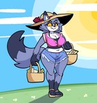 anthro basket belly big_breasts blue_body blue_bottomwear blue_clothing blue_fur blue_hair blue_shorts blue_tail bottomwear breasts cleavage clothed clothed_anthro clothed_female clothing container crop_top day denim denim_bottomwear denim_clothing denim_shorts dipstick_ears dipstick_tail ear_markings eyebrows eyelashes fangs feet female female_anthro fingers food footwear front_view fur furgonomic_hat furgonomic_headwear furgonomics gloves_(marking) grass hair hat headgear headwear holding_basket holding_container holding_object holding_picnic_basket leg_markings markings midriff multicolored_ears navel outside picnic_basket pink_clothing pink_topwear plant pupils red_pupils sandals sandwich_(food) shirt shoes shorts sky socks_(marking) solo sun sun_hat tail tail_markings teeth topwear yellow_sclera cloudidoodles roxanne_oxley canid canine fox mammal 2022 absurd_res digital_drawing_(artwork) digital_media_(artwork) full-length_portrait hi_res portrait