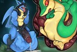 anthro balls balls_bulge big_balls big_penis bodily_fluids cock_vore cum duo ejaculation genital_fluids genitals male male/male penile penis vore x-ray_view moonrick nintendo pokemon generation_4_pokemon generation_5_pokemon lucario pokemon_(species) snivy hi_res