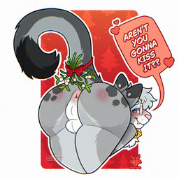anthro anus backsack balls bell bell_collar bent_over blue_eyes blush bow_ribbon butt butt_focus collar dipstick_ears dipstick_tail ear_markings eyewear femboy fur genitals glasses gold_bell grey_body hair holidays leaning leaning_forward looking_at_viewer looking_back looking_back_at_viewer male markings mistletoe mistletoe_on_tail multicolored_ears nude nude_anthro nude_male perineum pink_nose plant presenting presenting_anus presenting_hindquarters raised_tail rear_view ribbons round_glasses simple_background smile solo spots spotted_markings tail tail_markings teasing teasing_viewer teeth text tuft narwilltharu christmas nixuelle domestic_cat egyptian_mau felid feline felis mammal 1:1 2025 digital_media_(artwork) english_text hi_res