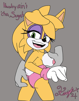 anthro big_breasts breast_grab breasts butt butt_grab clothing dialogue duo eyelashes female fur gloves green_eyes grey_body group hair hand_on_breast hand_on_butt handwear leotard nipples pink_nipples ponytail tail trio yellow_body yellow_fur knightnight54 sega sonic_the_hedgehog_(series) bunnie_rabbot lagomorph mammal hi_res