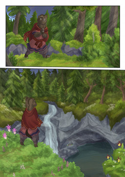 anthro biped brown_body brown_fur brown_tail cave clothed clothing cloud cloudy_sky day female fingers flower fur grass hooved_fingers hooves outside plant river scar sky solo tail tree water bjekkergauken herja_(bjekkergauken) mammal suid suine sus_(pig) wild_boar 2026 colored comic hi_res