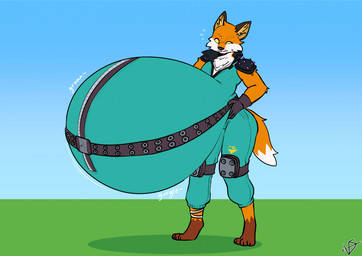 anthro belt bloated clothing fur green_clothing inflation male nervous obese open_mouth orange_body orange_fur outside overweight rumbling_stomach solo white_body white_fur yellow_eyes v1sage epic_games fortnite fennix_(fortnite) canid canine fox mammal red_fox true_fox