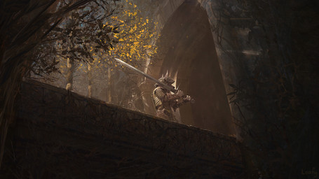 ambiguous_gender anthro armor black_nose clothing furgonomic_headwear furgonomics gauntlets gloves handwear headgear helmet holding_melee_weapon holding_object holding_sword holding_weapon knight_helmet leaf light low-angle_view medieval_architecture melee_weapon plant solo sword sword_over_shoulder tree two_handed_sword weapon lofi canid mammal 2026 detailed digital_media_(artwork) hi_res lighting signature